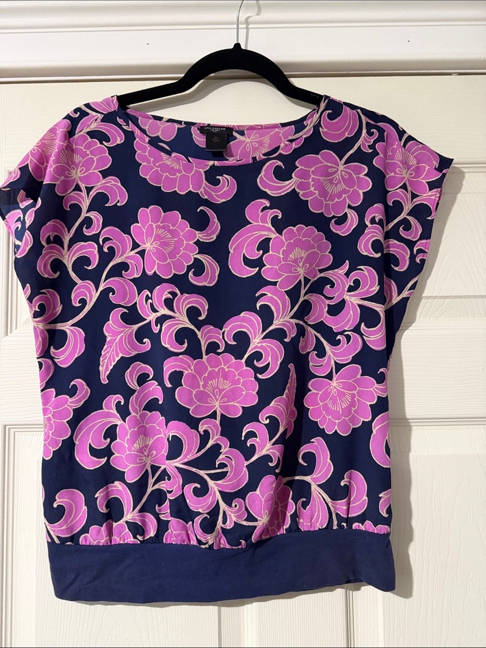 Ann Taylor Navy Top with Pink Floral Pattern